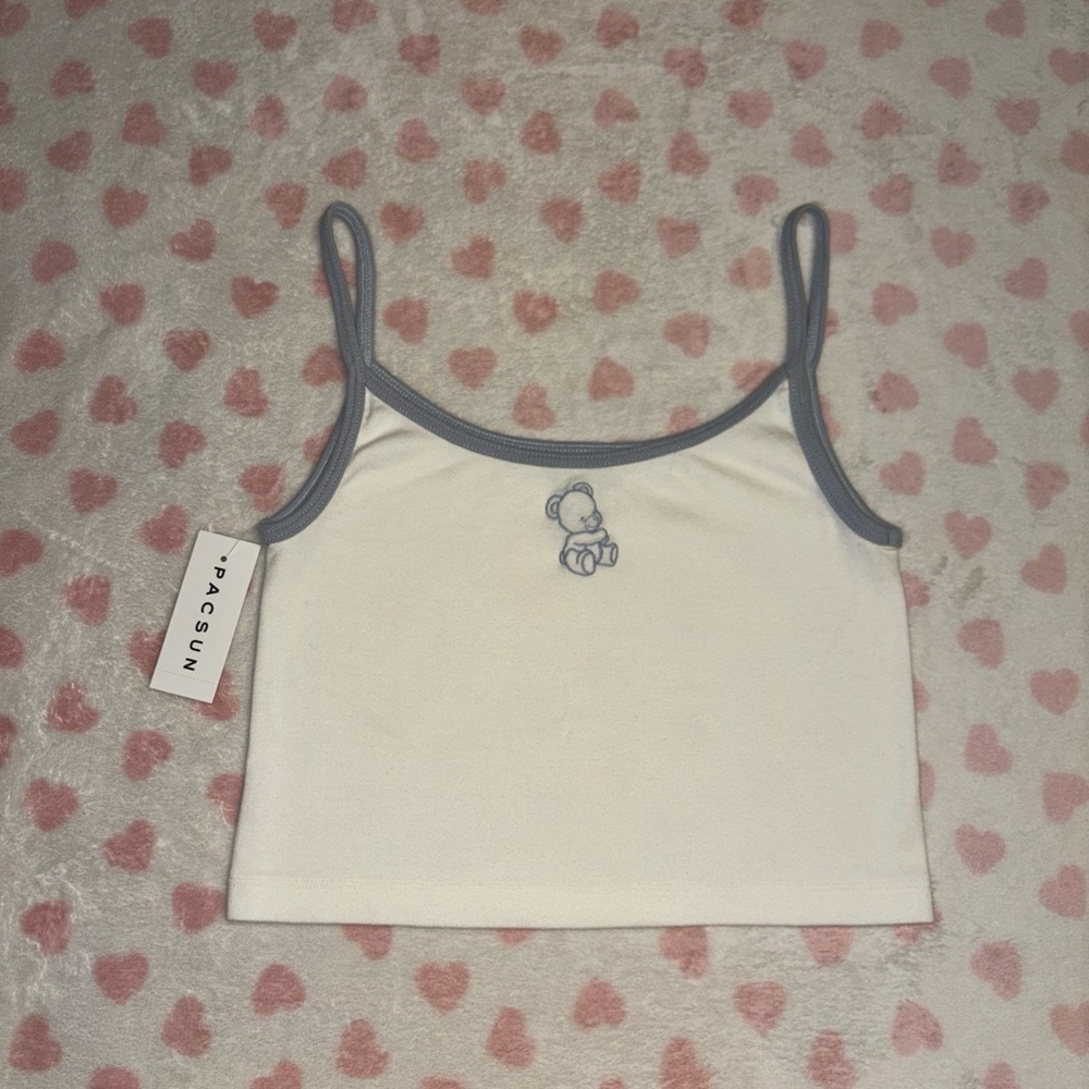 Brandy Melville John Galt teddy bear blue and white tank top NWT